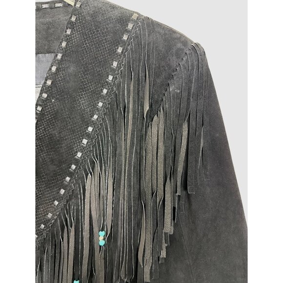 Vintage Womens Genuine Leather Black Fringe Jacket With Turquoise Bead Accents S - Picture 11 of 16